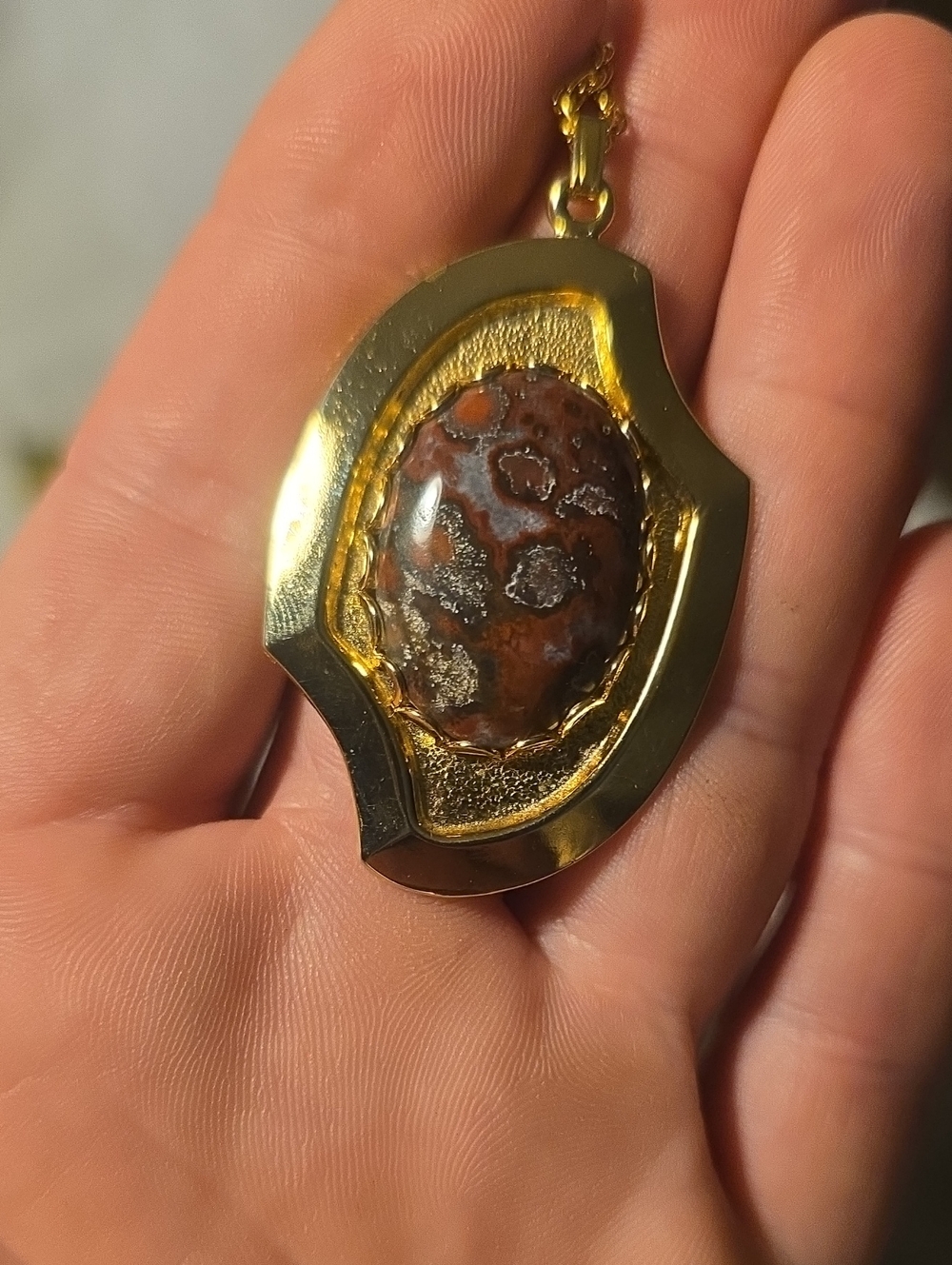 Gold-Tone Necklace with Red Moss Agate Natural stone Pendant